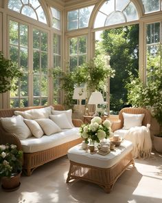 a living room filled with lots of furniture and plants on top of it's windows