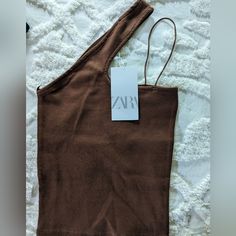 Zara, Nwt, Asymmetrical Tank, Brown, Can Fit Xs Also And Medium If You Like Extra Cropped** Brown Asymmetrical Summer Top, Zara Tank Top, Open Back Tank Top, Layering Tank Tops, Floral Sleeveless Top, Boat Neck Tops, Red Tank Tops, Strappy Top, Layering Tanks