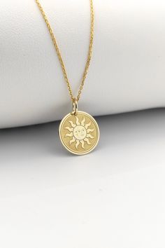 Welcome to ElegantGoldJewels,  Find all the information you need about your charm: Material of pendant: 14K Solid Gold Stamp: 585 (14K) Thickness: 0.5mm Jumpring Diameter: 4mm The pendant is available in 6 sizes: - 13mm / 0.52 inches - 15mm / 0.59 inches - 18mm / 0.70 inches - 20mm / 0.78 inches - 22mm / 0.86 inches - 24mm / 0.94 inches - 26mm / 1.02 inches - 28mm / 1.10 inches - 30mm / 1.18 inches Chains Information: Rolo Chain: -14K Real Gold - 0.70mm thick - Spring Ring Clasp - 16 inches / 40 Everyday Sun And Moon Design Round Jewelry, Celestial Engraved Round Pendant Charm Necklaces, Everyday Round Charm Necklace With Moon Phase, Celestial Sun And Moon Charm Necklaces, Sun And Moon Design Charm Necklaces, Celestial Sun And Moon Charm Necklace, Spiritual Round Moon Charm Necklace, Yellow Gold Moon Phase Charm Necklaces, Yellow Gold Moon Charm Necklaces