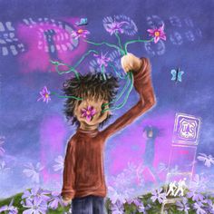 a painting of a boy with flowers in his hair