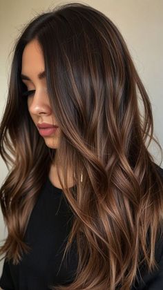 Haircut With Hair Color, Dark Caramel Hair With Highlights, Dark Color With Highlights, Dark Hair Brown Balayage, Dark Brown Hair Dye Ideas Ombre, Hair Balayage Dark, Brunette Balayage Caramel Highlights, Dye Brown Hair Ideas, Ashy Caramel Balayage On Dark Hair