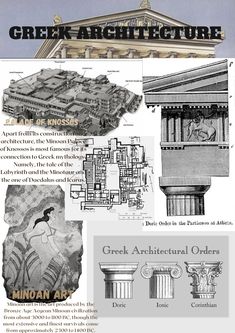 the architecture of greek architecture is shown in black and white, as well as an image of