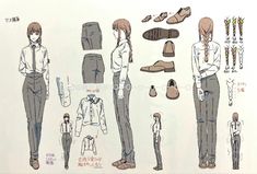 an anime character's costume design sheet with shoes, pants and boots on it