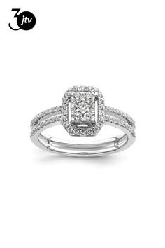 a white gold ring with diamonds on the sides and a square shaped diamond in the center