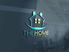 the home logo is displayed on a dark wall in an office building with green windows