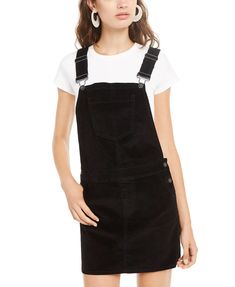 Square neckline Pullover style; buttons at sides Adjustable suspenders with button tabs Bib pocket at chest; corduroy texture Unlined Cotton/spandex Star Dresses, Corduroy Texture, Overalls Dress, Corduroy Overalls, Micro Mini, Overall Dress, Junior Dresses, Black Sleeveless, Gray Dress