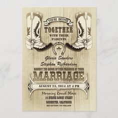 a wooden wedding card with cowboy boots on it and the words, together in white lettering