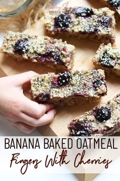 banana baked oatmeal fritters with cherries on a cutting board