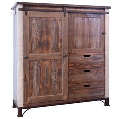 a large wooden cabinet with metal handles and drawers on it's sides, against a white background