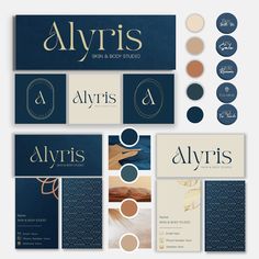 the logo and business cards for alyris skin & body studio, which has been designed