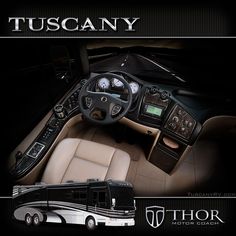 the interior of a luxury coach bus is shown in this ad for tuscanny