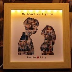 an illuminated photo frame with the words, my heart will go on and images of people