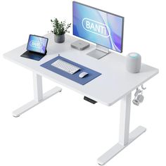 a computer desk with a monitor, keyboard and mouse on it in front of a plant