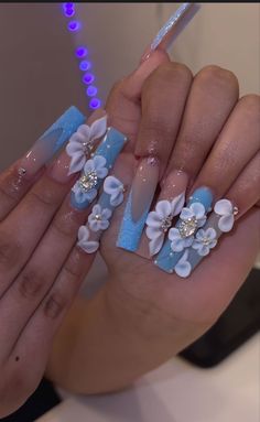 Long Cute Nail Designs, Blue Nails Fall, Fall Nails Dip, Fall Blue Nails, Pretty Nails Design, Pink Nails Art, Easy Nail Polish, Acrylic Nails Square, Baby Blue Acrylic Nails