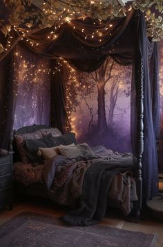 a canopy bed with fairy lights hanging from it's ceiling and curtains over it