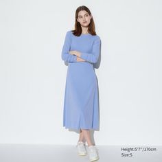 Ribbed Long Sleeve Flare Dress | UNIQLO US Spring Stretch Plain Dresses, Solid A-line Midi Dress With Pleated Sleeves, Casual A-line Ribbed Midi Dress, Casual A-line Midi Dress With Ribbed Detail, Spring Solid Color Midi Dress With Pleated Sleeves, Stretch A-line Maxi Dress, Spring Dresses With Stretch And Flared Hem, Solid Stretch Cotton Dresses, Casual Stretch Maxi Dress For Work