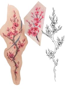 two pieces of tattoo art with flowers and leaves on the left side of each piece