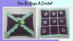 two crocheted items are shown in three different colors, one is purple and the other is green