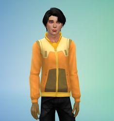 an animated man wearing a yellow jacket and black pants with his hands in his pockets