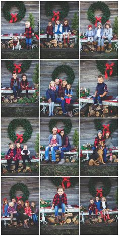 multiple pictures of people sitting on a bench in front of christmas wreaths and presents