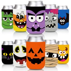 an assortment of halloween themed can coolers