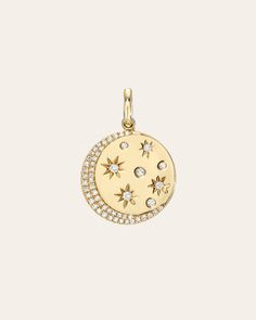 Diamond Celestial Pendant Celestial Diamond Jewelry, Celestial Round Pendant Jewelry With Diamond Accents, Celestial Style Jewelry With Diamond Accents And Round Pendant, Celestial Jewelry With Diamond Accents In Round Pendant, Celestial Style Round Pendant Jewelry With Diamond Accents, Celestial Diamond Jewelry With Star Charm, Celestial Round Diamond Jewelry, Diamond Moon Phase Round Pendant Jewelry, Moon-shaped Yellow Gold Diamond Jewelry