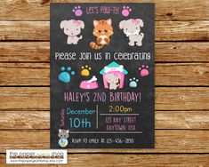 a chalkboard birthday party with animals and paw prints on the front, including an orange cat