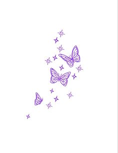 three purple butterflies flying in the air with stars around them on a white background,