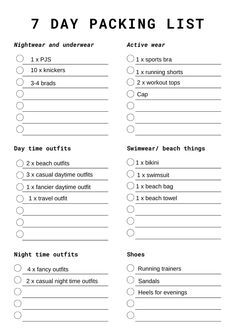 the 7 day packing list is shown in black and white, with text on it