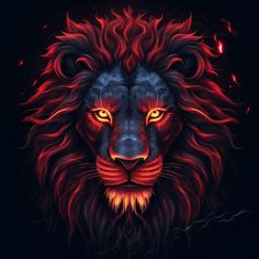 a lion's head with red and yellow eyes on a black background is featured in this digital painting