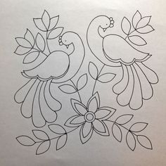 a drawing of two birds sitting on top of flowers