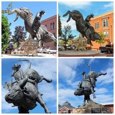 four pictures of statues of horses and cowboys