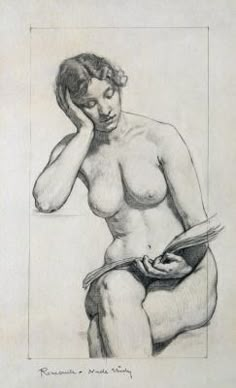 a drawing of a naked woman holding a book in her right hand and looking at the viewer