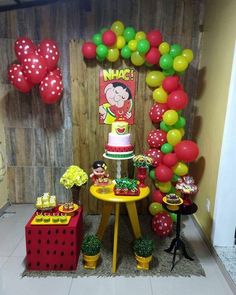 an image of a birthday party with balloons and decorations on the wall, including a cake