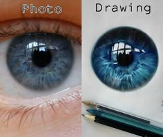 two pictures one with blue eyes and the other with drawing pencils in front of it