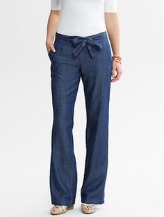 Chambray Tie-Front Wide Leg Pant | Banana Republic Casual Summer Bottoms With Belt Detail, Casual Straight Leg Belted Pants, Fitted Paperbag Waist Pants With Belt Loops, Casual Bottoms With Belt Detail For Fall, Casual Fall Bottoms With Belt Detail, Cotton Tie Waist Pants For Workwear, Casual Cotton Bottoms With Belt Detail, Fitted Tie Waist Pants For Work, Fitted Work Pants With Tie Waist