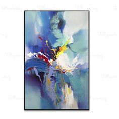 an abstract painting with blue, yellow and white colors on the wall in a black frame