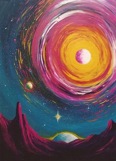 an acrylic painting of the night sky with stars and planets