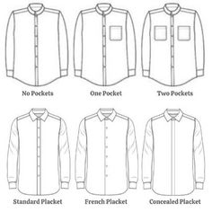 Dress shirt placket and front pocket options illustrated Formal Shirt With Pockets And Lapel Collar, Shirt Pocket Drawing, Technical Drawing Shirt Men, Luxury Semi-formal Shirt With Pockets, Luxury Semi-formal Dress Shirt With Concealed Placket, Formal Shirt Design, Shirt Placket, Mens Tailored Suits, Male Shirts