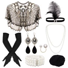 PRICES MAY VARY. Set Content: This 1920s accessories for women set has 11 pieces, including 1 black and gold vintage shawl, a pair (2 pcs) of black long gloves, 1 pair (2 pcs) of earrings, 1 pearl necklace, 1 pearl ring, 1 multi-layer pearl bracelet, 1 pair of fisherman's net tights (2 pcs), and 1 vintage feather hair band, the classic matching design and sufficient quantity can fully meet your needs for attending all kinds of parties and matching outfits. Reliable Material: The shawl of our 192 1920s Accessories, Flapper Accessories, Net Tights, Vintage Shawl, Net Stockings, Vintage Feather, 1920s Outfits, Feather Headpiece, Flapper Costume