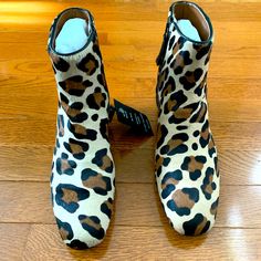 Brand New, Never Worn With Tags Still On. Made In Italy. Real Fur. Leopard Print Round Toe Boots For Spring, Spring Leopard Print Round Toe Boots, Calf Hair Boots With Round Toe For Fall, Leopard Print Leather Boots For Spring, Spring Leopard Print Leather Boots, Aquatalia Boots, Faux Fur Heels, Brown Suede Ankle Boots, Fur Heels