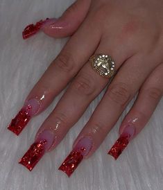 Red Long Nails With Gems, Fuerza Regida Concert Nails, Red Birthday Acrylic Nails, Red Bling Christmas Nails, Red Shirt Nails Acrylic, Rhinestone Red Nails, Red Square Christmas Nails, Ruby Red Nails Designs, Red Nails Extra