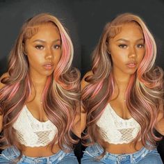 WIGGINS Pink Highlights In Brown Hair Body Wave Lace Closure/Frontal Wigs Balayage On Brown Hair, Brown And Pink Hair, Pink Balayage, Pink Blonde Hair, Color Rubio, Frontal Wig Hairstyles, Mode Grunge, Blonde With Pink, Pink Highlights