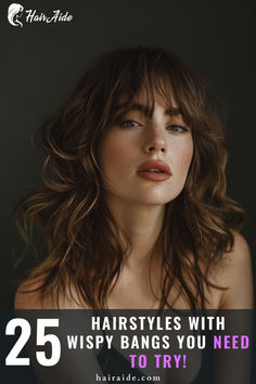 Frame your face with delicate wispy bangs, adding a touch of softness and sophistication to your look. Layered Haircut With Wispy Bangs, Wispy Bangs Curly Hair, Haircut With Wispy Bangs, Bayalage Dark Hair, Layers Long