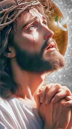 the face of jesus with his hands folded in front of him, looking up into the sky