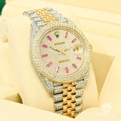 Montre Rolex | Montre Homme Rolex Datejust 41mm - 2 Tones Full Honeycomb Ruby Baguette Or 2 Tons Gold Rolex, Pretty Shoes Sneakers, Expensive Jewelry Luxury, Jewelry Accessories Ideas, Dope Jewelry, Rolex Watch, Rolex Oyster Perpetual, Rolex Gmt, Gold Glass