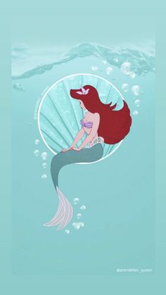 the little mermaid is sitting on top of an under water scallop with bubbles