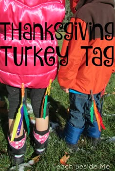 two children wearing colorful shoes with the words thanksgiving turkey tags on them in front of them