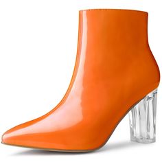 Can't help falling in love with these synthetic-patent-leather booties. The ankle boots feature high-block heels, a pointed and closed toe, and a side zipper, which will add a bold touch of fashion to your look. It will be great to pair them with your dresses, coats, skirts, or jeans to create a retro, chic look. These heels will win your heart via your feet. Halloween Heels, Clear Chunky Heels, Dresses Coats, Patent Leather Booties, Can't Help Falling In Love, Orange Heels, Chunky Heel Ankle Boots, Womens Chunky Heels, Shoes Boots Ankle