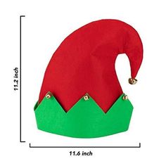 a red and green elf's hat is shown on a white background with measurements